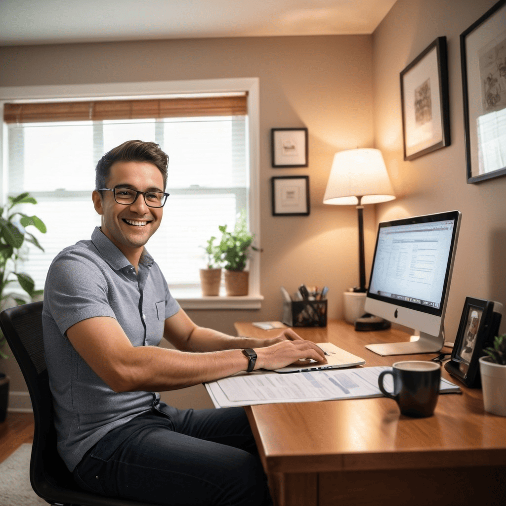 Personne souriante assise à un bureau, utilisant un ordinateur portable avec des documents financiers autour.